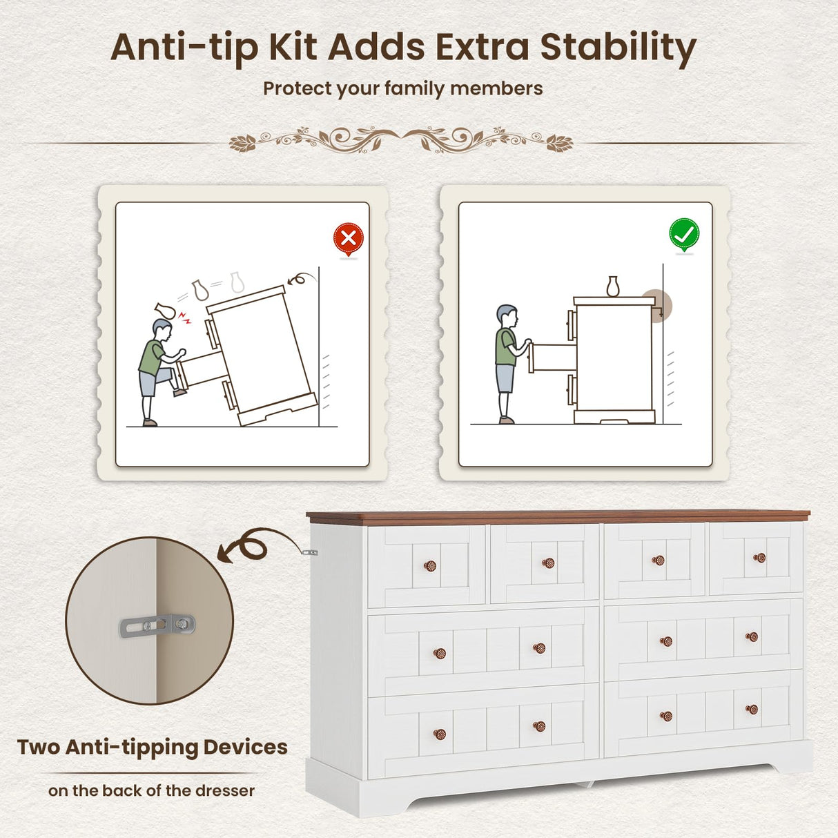 Hasuit White 8 Drawer Dresser, 55.1" Wide Farmhouse Dressers Chest of Drawer, Wood Bedroom Dresser with Hand Carved Panel, Large Capacity Clothing Storage Organizer for Bedroom, Living Room, Hallway Hasuit