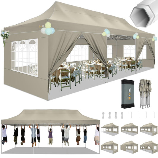 HOTEEL Tents for Parties 10x30 Pop Up Canopy Tent Heavy Duty with 8 Sidewalls, Commercial Party Tent Event Wedding Instant Canopy Waterproof with Carry Bag, UV 50+, Thicked Hexagonal Legs, Kh - WoodArtSupply