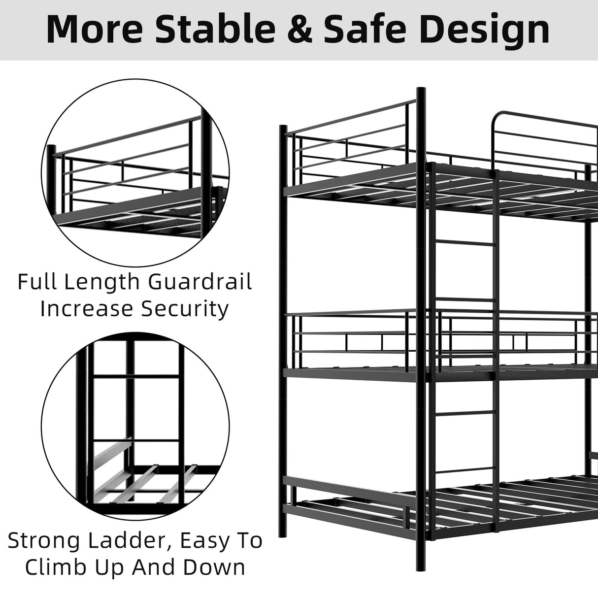 QSOSTNS Metal Triple Bunk Bed, Twin Over Twin Bunk Bed Frame with Side Ladder and Safety Fence, Suitable for Bedrooms, No Box Spring Required, Teens & Adults Bunk Bed, Metal Bunkbeds QSOSTNS