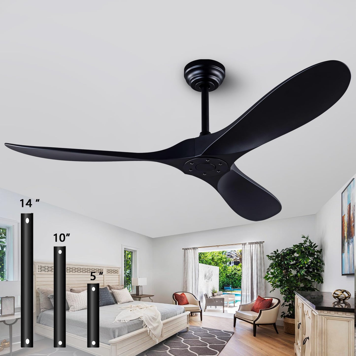 52" Ceiling Fan with Remote Control without Light, Modern Reversible DC Motor Indoor Outdoor 3 Blade Ceiling Fan for Patio, Bedroom and Farmhouse (Black)