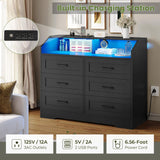 Hasuit Black Dresser with LED Lights and Charging Station, Chest of 6 Drawers with Open Space, Modern Wood Storage Tower Clothes Organizer, Storage Cabinet with Deep Drawers, Black Dresser for Bedroom Hasuit