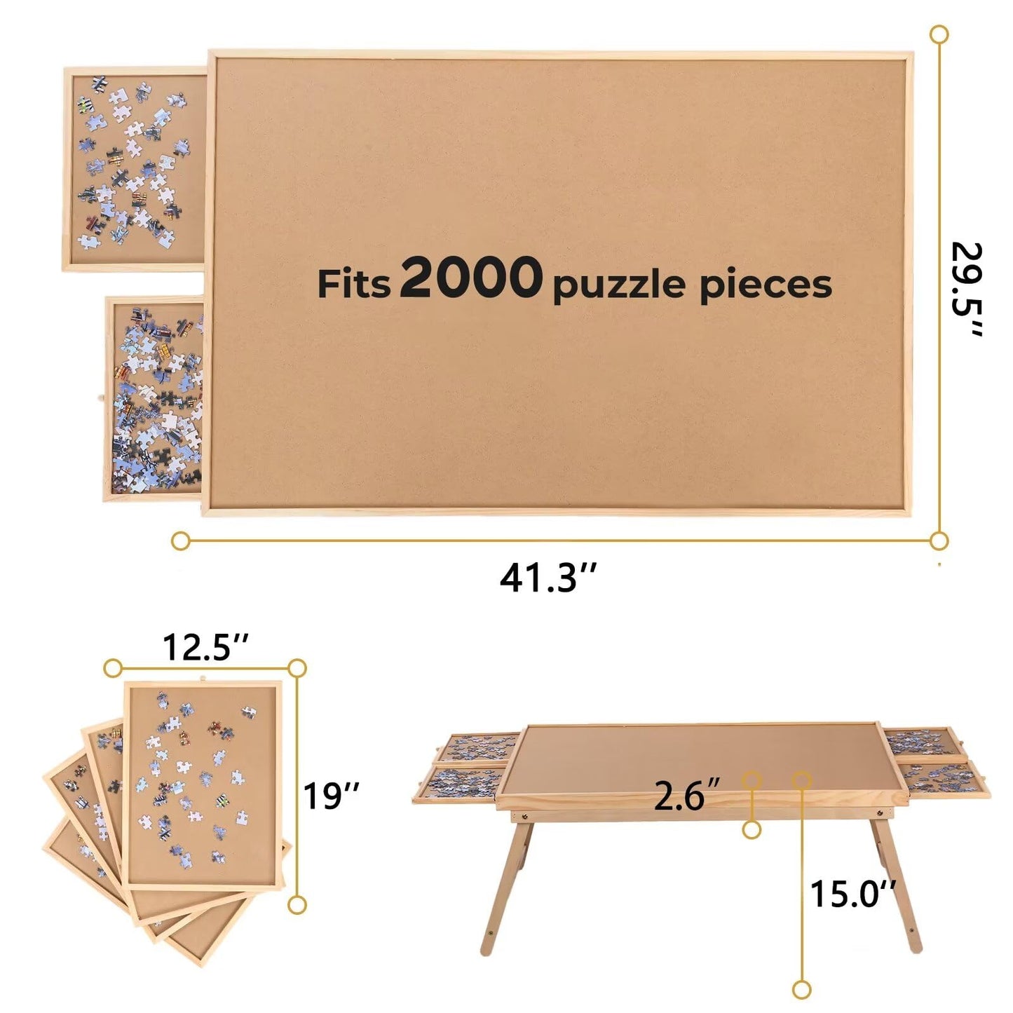 Puzzle Table 2000 Pieces,Jigsaw Puzzle Table with Drawers,41.3"x 29.5"Portable Puzzle Tables for Adults and Teens with Folding Legs - WoodArtSupply