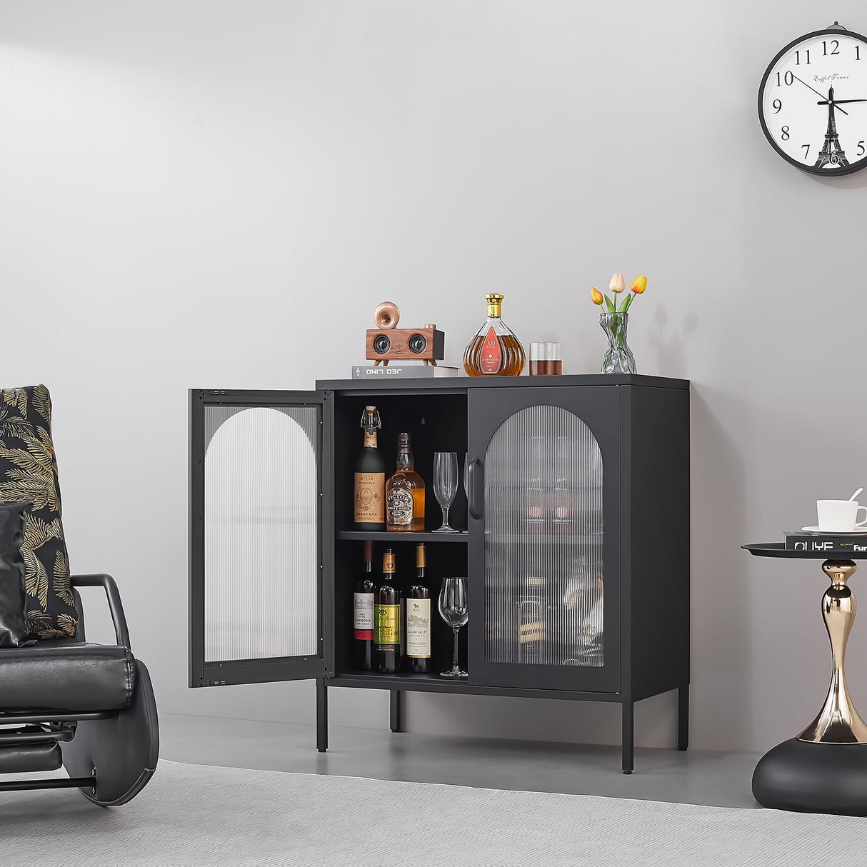 FURSTEL Buffet Cabinet, Modern Industrial Style Sideboard Buffet Cabinet, with Adjustable Shelves Credenza for Living Kitchen Dining Farmhouse, 15.8" L x 27.6" W x 35" H Black FURSTEL