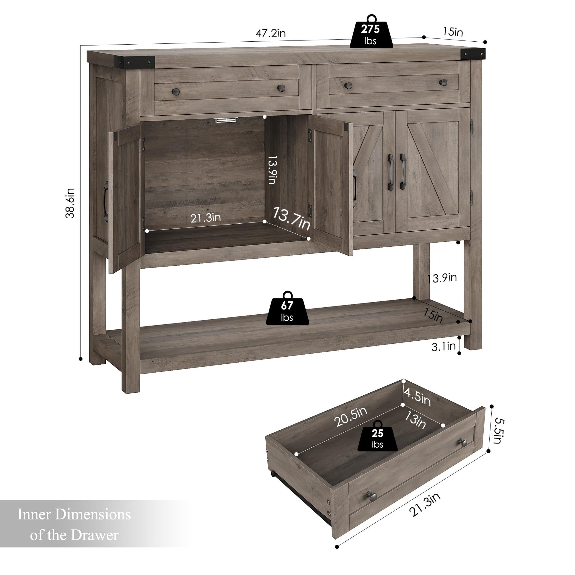 HOSTACK Buffet Sideboard Cabinet with Storage, 47.2" Modern Farmhouse Coffee Bar with 2 Drawers, Barn Doors Console Table with Shelf for Kitchen, Dining Room, Living Room, Entryway (Ash Grey) - WoodArtSupply