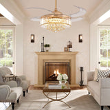 MOOONICHE 48 Inch Crystal Ceiling Fan with Light and Remote Modern Dimmable Fandelier Invisible Retractable Chandelier Fan Gold for Bedroom Living Room MOOONICHE