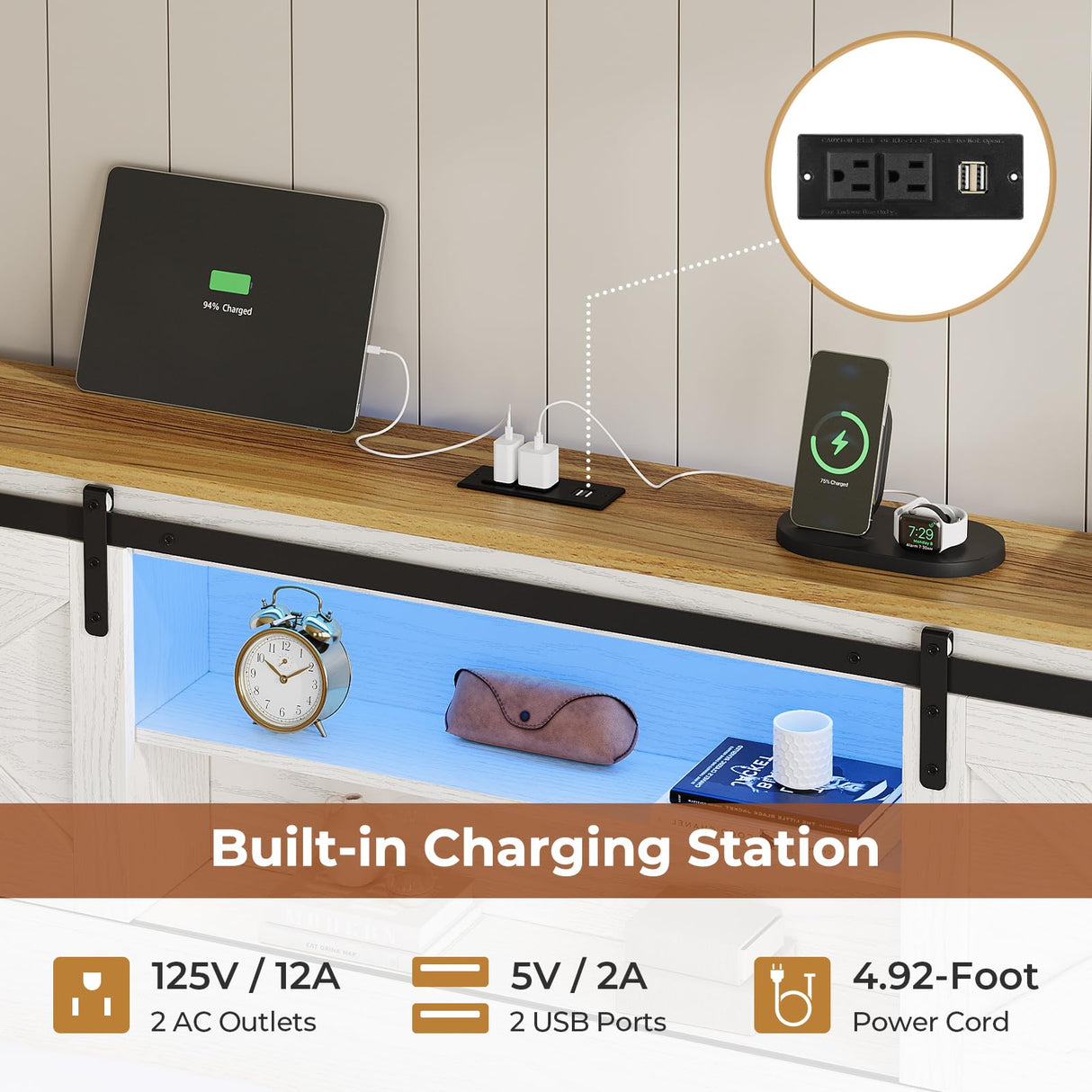 Hasuit Farmhouse Bed Frame King Size with 4 Storage Drawers, Wooden Platform King Beds with Charging Station and LED Lights, Rustic Bed with Storage Headboard and Sliding Barn Door Hasuit