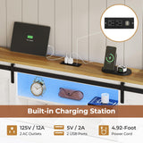 Hasuit Farmhouse Bed Frame King Size with 4 Storage Drawers, Wooden Platform King Beds with Charging Station and LED Lights, Rustic Bed with Storage Headboard and Sliding Barn Door Hasuit