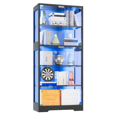 Patikuin 5 Layer Display Cabinet with Glass Doors, Modern Curio Cabinet with RGB Color Lights,Glass Display Cases for Collectibles, Tall Storage Cabinet(Black)