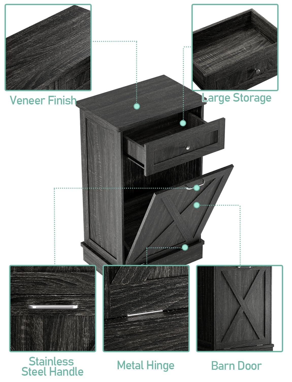 TOLEAD Tilt Out Trash Cabinet,Antique-Style Barn Door Kitchen Island with Solid Wood Tabletop & Drawer, Pet Proof Trash Can, Wood Laundry Cabinet（Oak Grey） TOLEAD