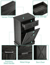 TOLEAD Tilt Out Trash Cabinet,Antique-Style Barn Door Kitchen Island with Solid Wood Tabletop & Drawer, Pet Proof Trash Can, Wood Laundry Cabinet（Oak Grey） TOLEAD