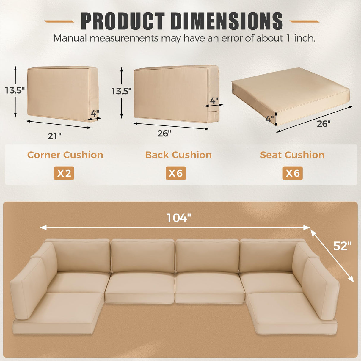 Oakmont Outdoor Replacement Cushions for Patio Furniture,Water-Resistant Cushion for Patio Conversation Set,14-Piece Cushions for 6-seat Outdoor Sectional Sofa(Light Brown) Oakcloud