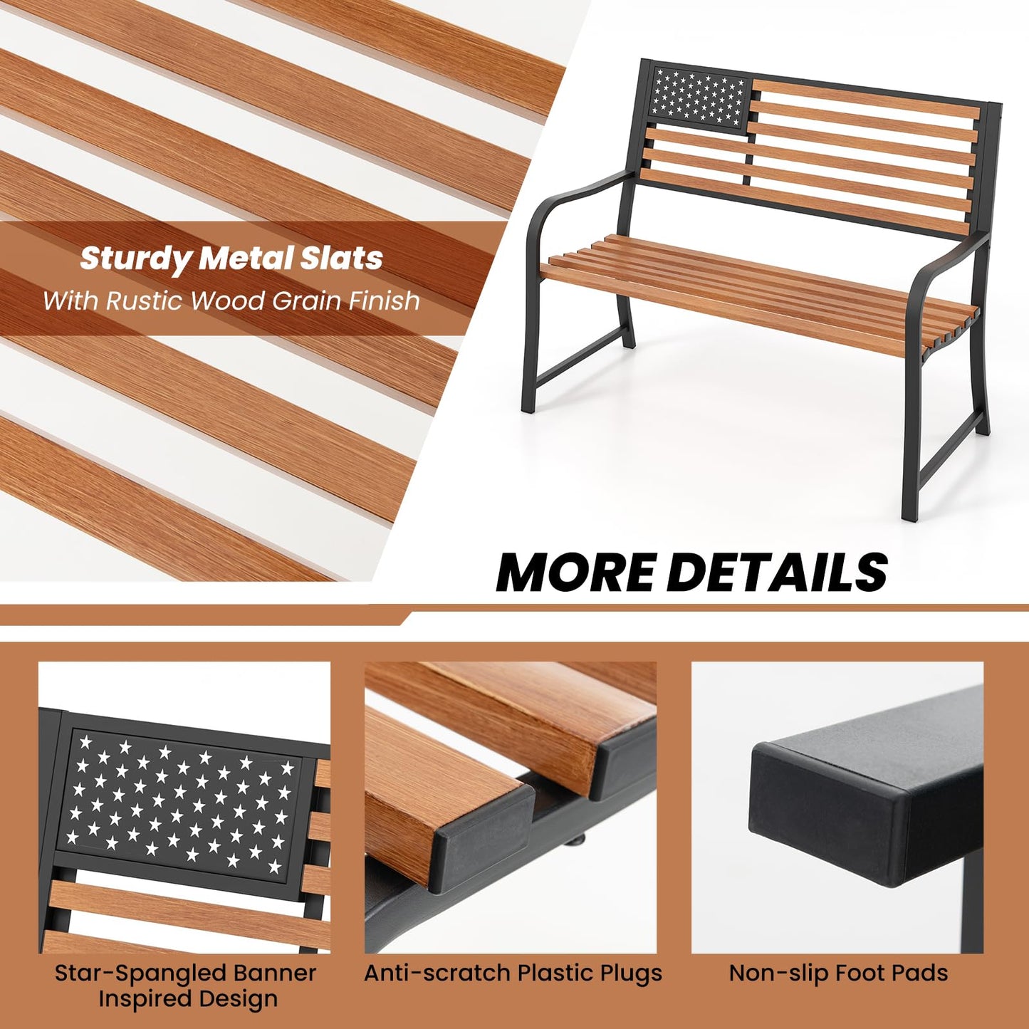 Tangkula 50” Patriotic Metal Garden Bench for 2 with Rustic Wood Finish and Ergonomic Design - WoodArtSupply