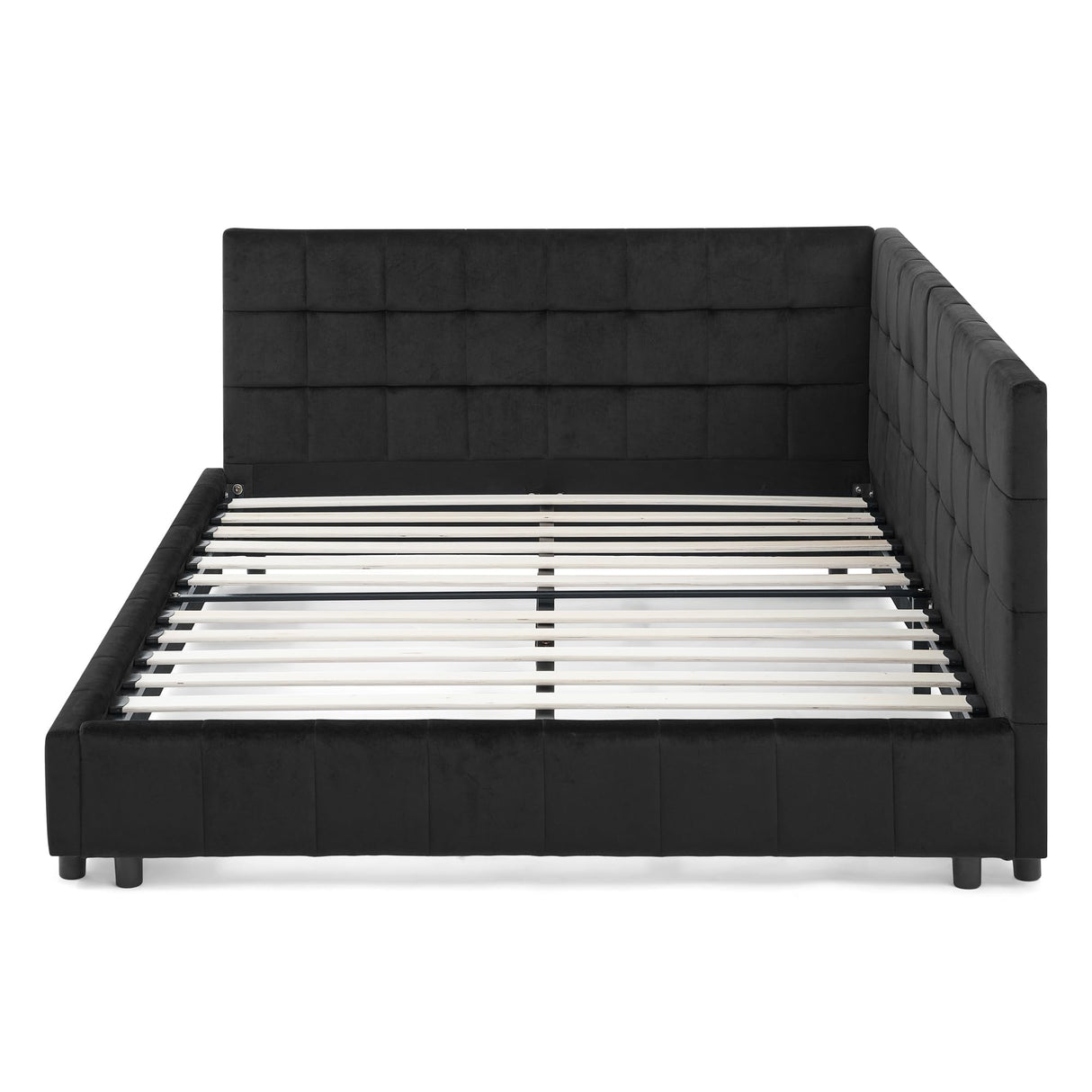 RuiSiSi Queen Size Upholstered Daybed, Queen Corner Bed with L Shaped Headboard, Velvet Day Bed Floor Bed Frame for Living Room Guest Room, Reversible Left or Right, Black RuiSiSi