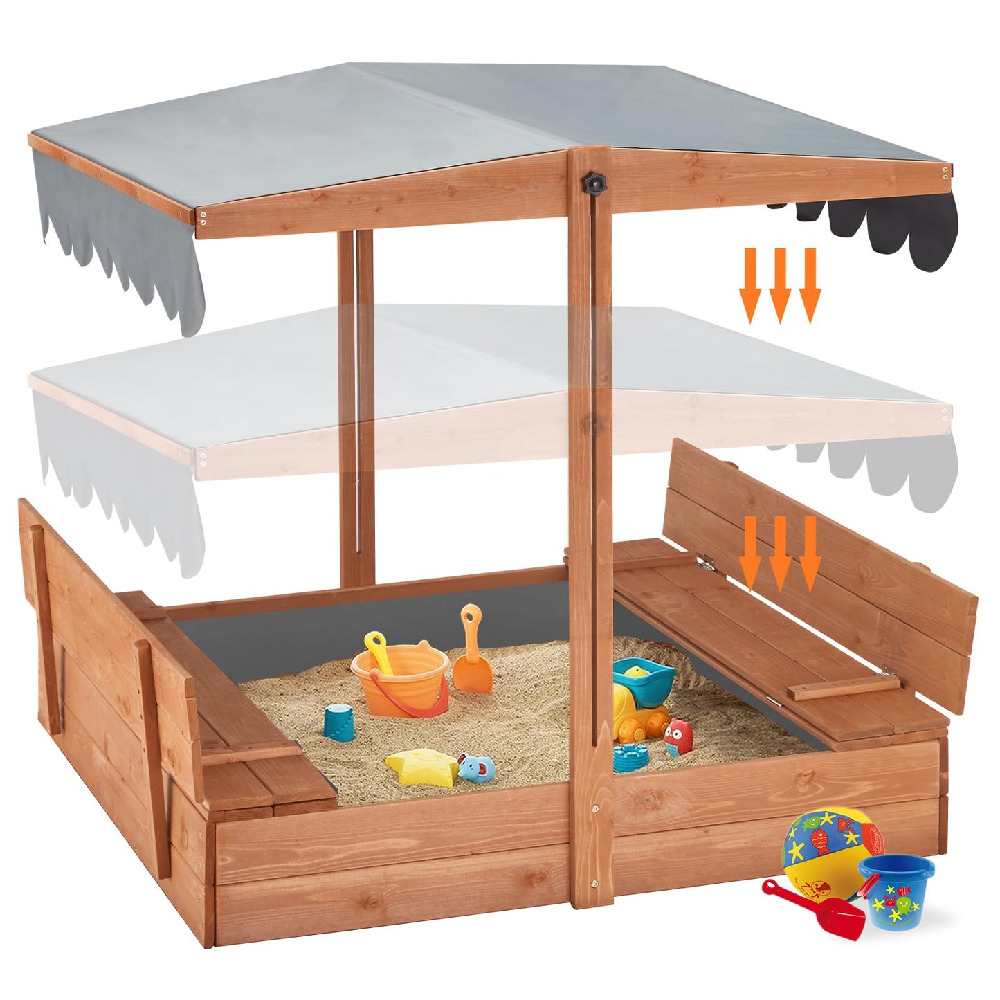 YOLENY Sandbox, Kids Sandbox with Lid, Sand Box for Kids Ages 3-8, Wooden Outdoor Sandbox with Cover and Height Adjustable Roof, Sand Protection Liner, for Backyard, Beach, Lawn, Orange