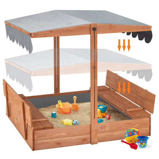 YOLENY Kids Sandbox with Cover, Height Adjustable Roof, Foldable Bench Seats for Aged 3-8, Wooden Outdoor Kids Sandbox, Sand Protection Liner, for Backyard, Beach, Lawn, Orange