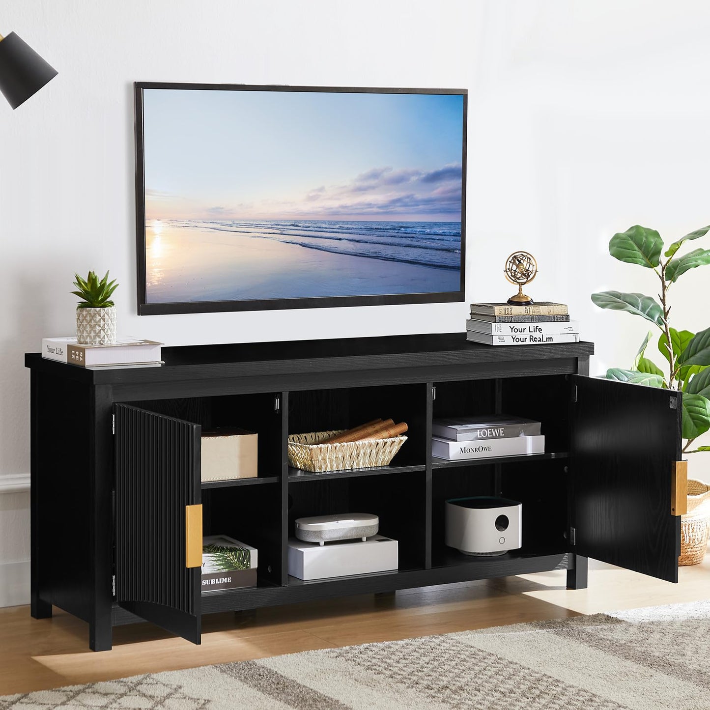 Unovivy 51" Black Fluted TV Stand with Storage, Mid Century Modern TV Stand with Storage Cabinets, Entertainment Center for TVs Up to 55", TV Console for Living Room, Bedroom