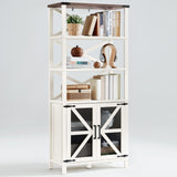 Joaxswe 5 Tier Bookshelf 70" Tall Bookcase with Barn Doors,Large Farmhouse Display Book Shelf with Adjustable Shelves and Storage Cabinet，Library Wood Bookshelves for Living Room,Kitchen,Rustic White Joaxswe