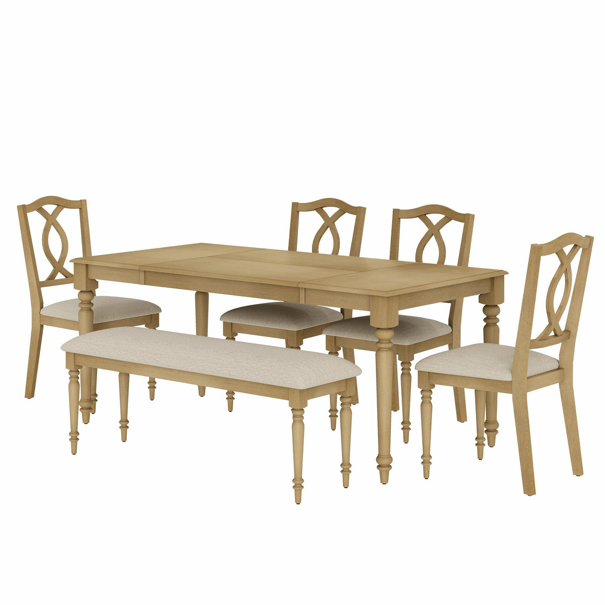 WAMPAT 6 Piece Dining Table Set, Wooden Rectangular Table for 6-8, 4 Dining Chairs with Cross-Back, Upholstered Bench with Rubber Wood Legs, Kitchen Table with Chairs for Dining Room, Oak WAMPAT