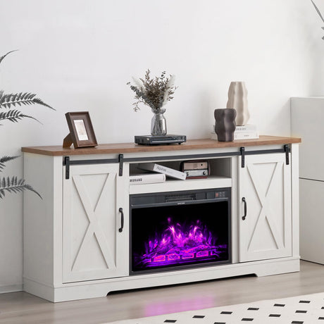 AMERLIFE Fireplace TV Stand with Sliding Barn Door for TVs up to 73", Farmhouse 63" Fireplace Entertainment Center with Storage Cabinets/Adjustable Shelves, Distressed White & Barnwood AMERLIFE