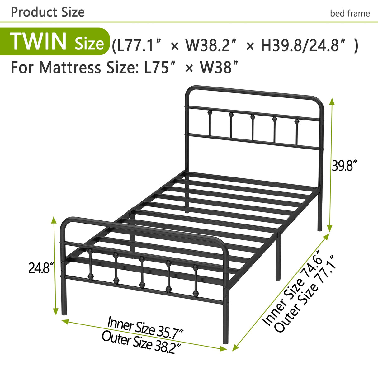Kujielan Metal Bed Frame - Structurally Stable Heavy Duty Steel Slat Supported Twin Bed Frames,No Box Spring Needed for Easy Removal and Transport. Kujielan