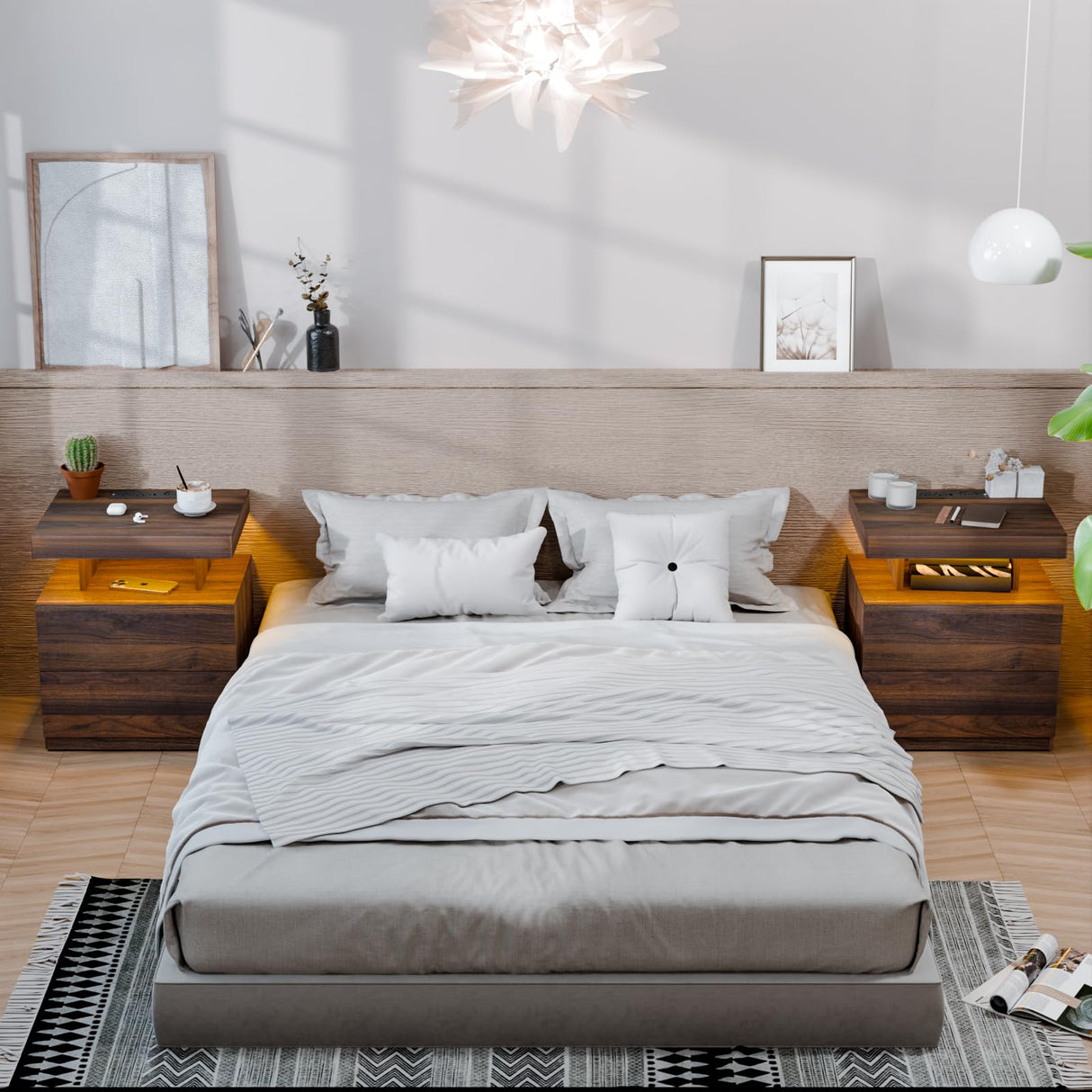 HOMMPA Set of 2 LED Nightstand with Wireless Charging Station Dark Walnut Mid Century Wood Bedside Table with Led Light Smart Nightstand USB Port Night Table with 2 Drawers LED Night Stand for Bedroom HOMMPA