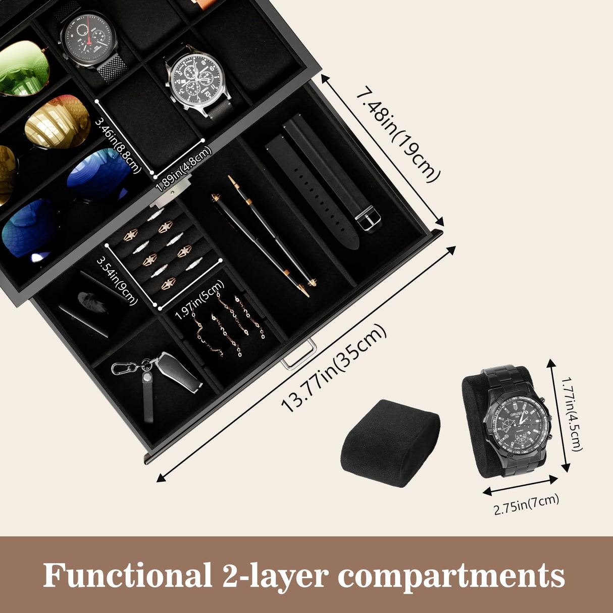 ProCase Wooden Men's Jewelry Box, 2-Tier Watch Holder and Sunglasses Box Organizer for Men, Display Cases with Clear Glass Top and Storage Drawer, Father's Day Gift -Black ProCase