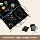 ProCase Wooden Men's Jewelry Box, 2-Tier Watch Holder and Sunglasses Box Organizer for Men, Display Cases with Clear Glass Top and Storage Drawer, Father's Day Gift -Black ProCase