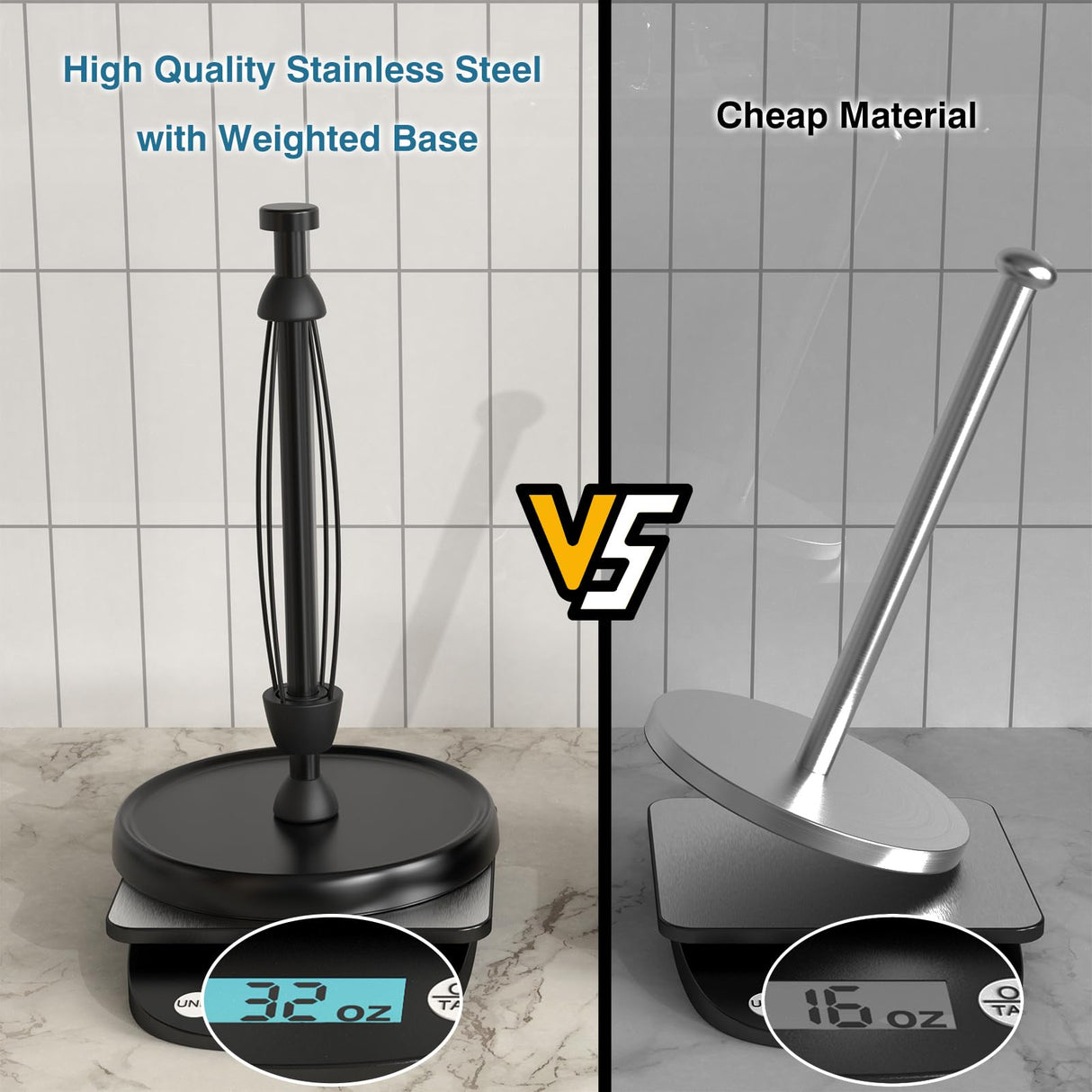 Paper Towel Holder Countertop, One-Handed Tear, Stainless Steel, Weighted Base, Black, Paper Towel Roll Holder Stand with Ratchet Mechanism for Kitchen Bathroom Farmhouse Essentials Decor Accessories Swaitee