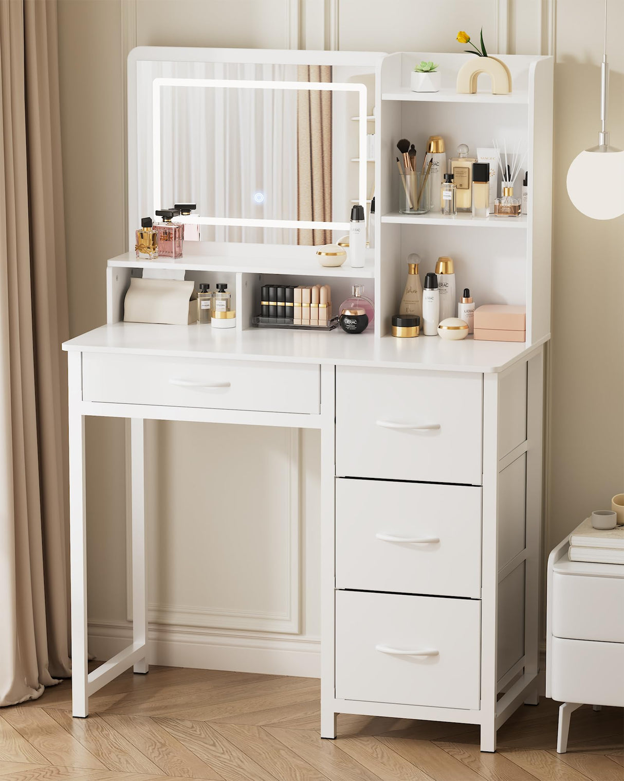 Kitsure Vanity Desk with Mirror and Lights - Large Capacity Makeup Vanity with 4 Fabric Storage Drawers & 3 Lighting Modes, Vanity Table Set with Sturdy Metal Frame for Bedroom, White, 35" x 17" x 52" Kitsure