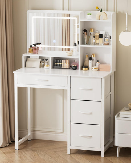 Kitsure Vanity Desk with Mirror and Lights - Large Capacity Makeup Vanity with 4 Fabric Storage Drawers & 3 Lighting Modes, Vanity Table Set with Sturdy Metal Frame for Bedroom, White, 35" x 17" x 52" Kitsure
