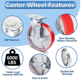 Nefish 8 Inch Industrial Casters Set of 4, Heavy Duty Casters with Brake 6000 Lbs, No Noise Polyurethane Wheel on Steel Hub, Swivel Plate Caster Wheels for Toolbox Workbench (4 Swivel & Brakes) Nefish