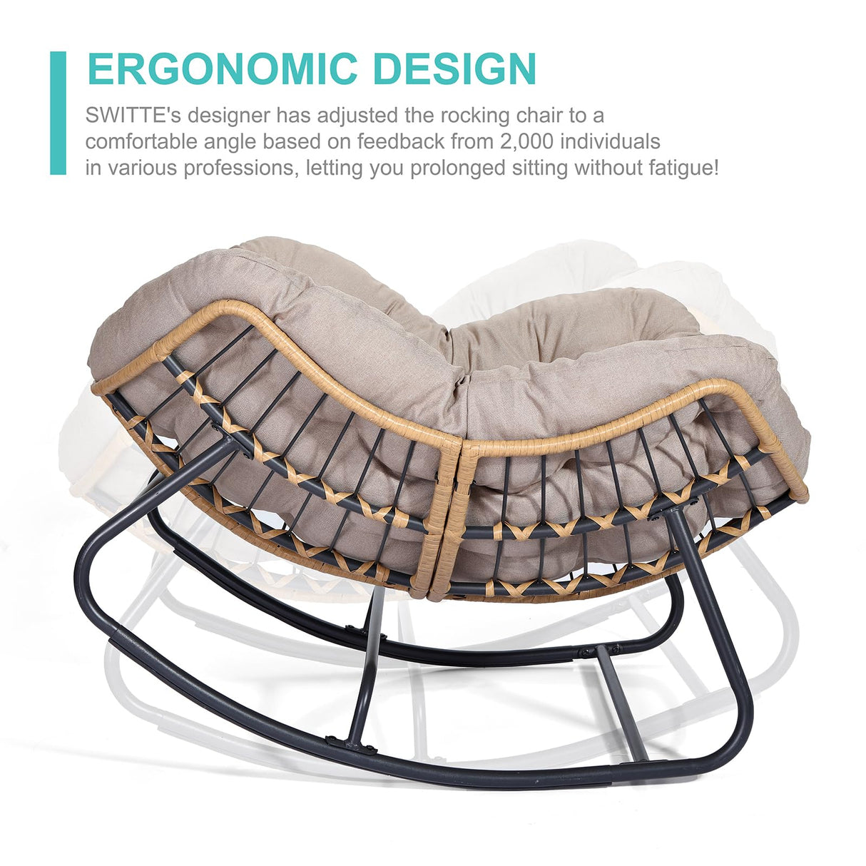 SWITTE Outdoor Rocking Chair, Patio Egg Rocking Chair, Indoor Papasan Chair, Rattan Wicker Lounge Chair, Modern Royal Chair for Bedroom, Living Room, Porch, Garden, Lawn-Beige SWITTE