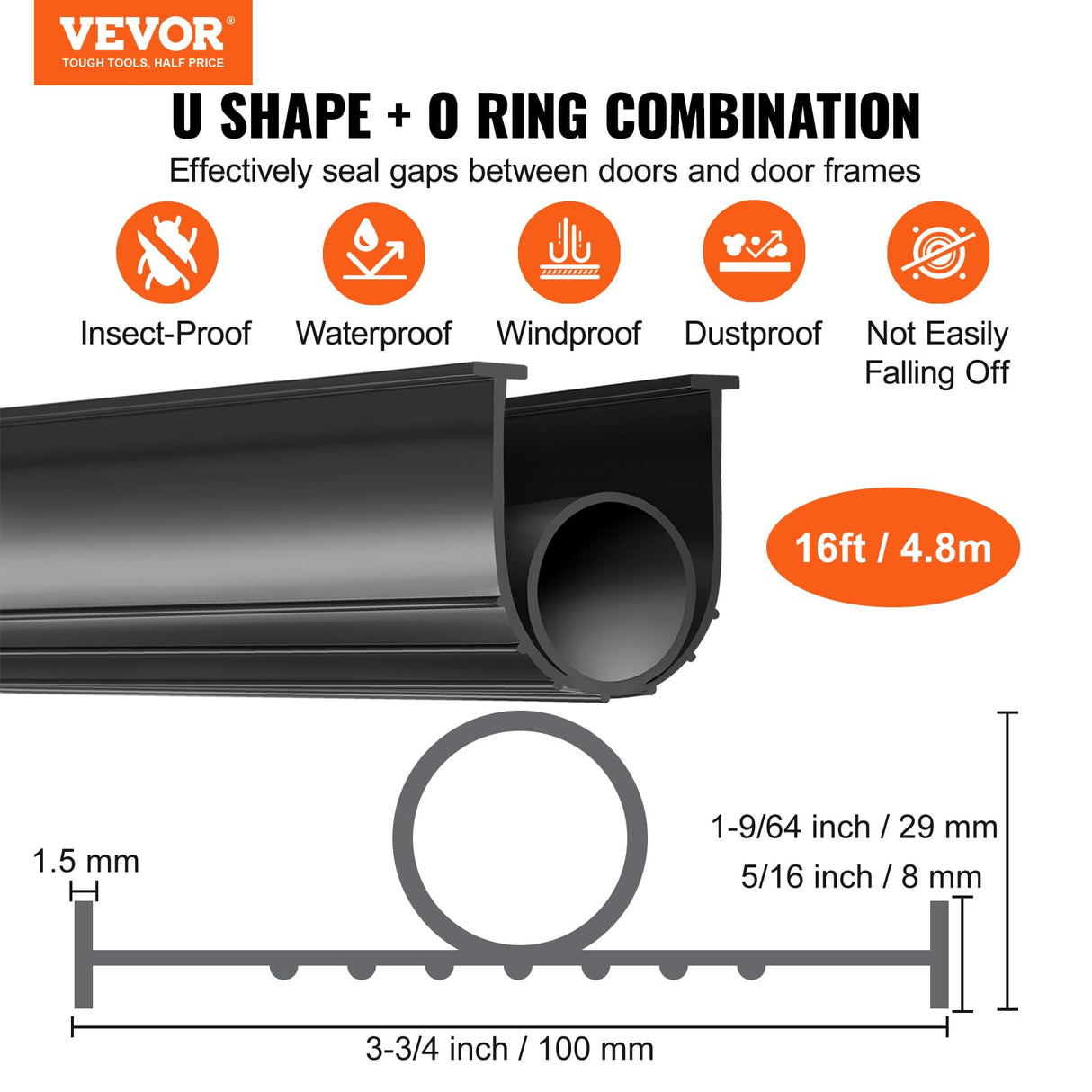 VEVOR Garage Door Seals Bottom Rubber, U Shape +O Ring Garage Door Weather Stripping, Universal Weatherproof Threshold Buffering Sealing Rubber, 5/16 inch T-Ends and 3 3/4 inch Width (16 Ft, Black) VEVOR