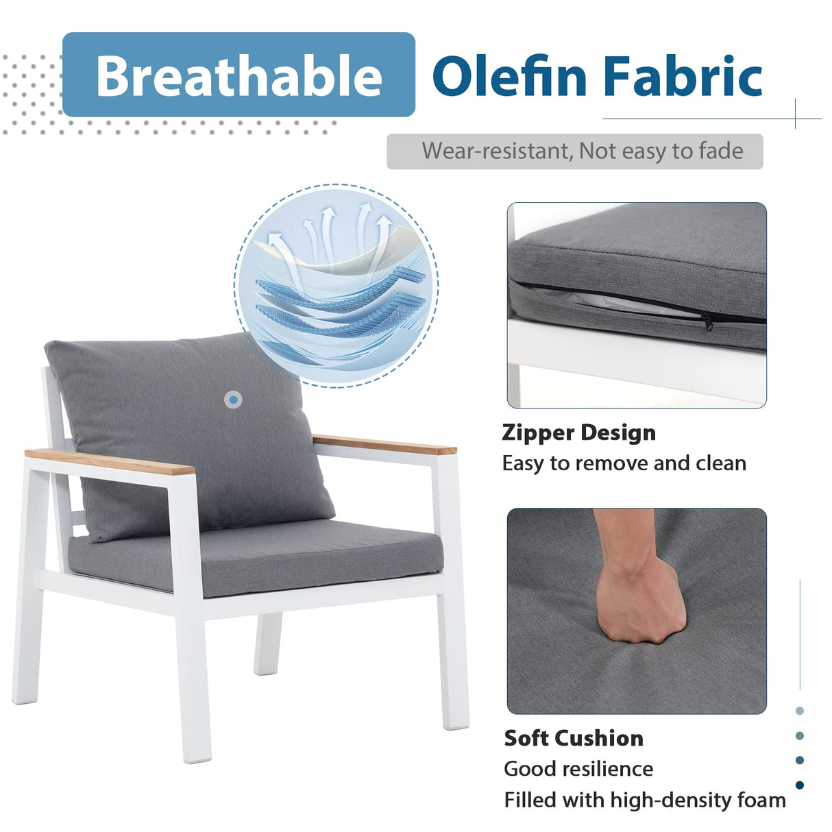 JOIVI Aluminum Patio Furniture Set 5 Pieces Outdoor Conversation Set with Teak Coffee Table & Cushion, Outdoor Patio Furniture Sectional Patio Sofa Outside Furniture for Deck, Backyard, White JOIVI