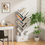 SHEEPAM 8 Tier Tree Bookshelf with Drawer, Free Standing Wood Bookcase for Living Room, Bedroom, Home Office, Space Saving Storage Organizer Bookshelves for Books, CDs, Vinyl Records- White SHEEPAM