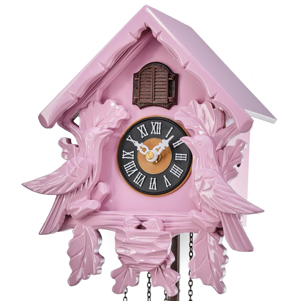 TIMEGEAR Cuckoo Clock with Night Mode, Singing Bird, Wooden Decorations and Swinging Pendulum (Pink) TIMEGEAR