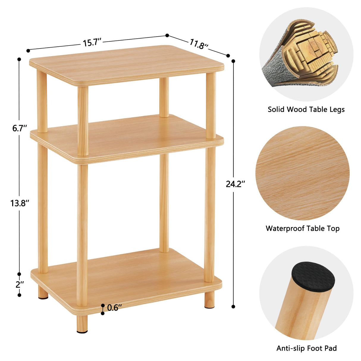 Apicizon 3 Tier End Table, Record Player Stand with Storage Shelf, Wooden Vinyl Record, Nightstand Bedside Table for Small Spaces, Bedroom, Living Room, Easy Assembly, Natural Apicizon