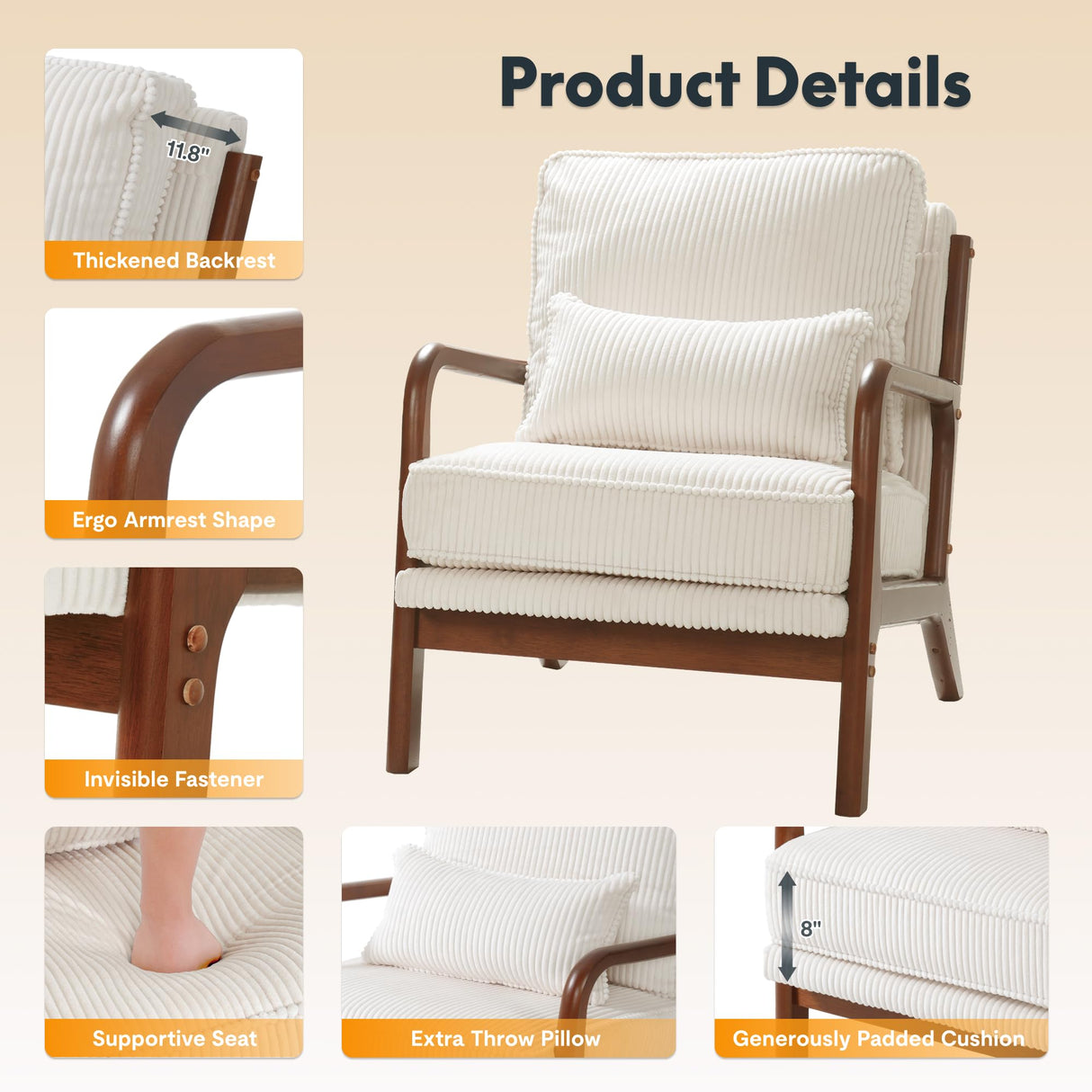 FLEXISPOT AC1 Accent Chairs Set of 2, Upholstered Mid Century Modern Corduroy Armchairs with Solid Wood Frame, Comfy Lounge Reading Chairs Farmhouse Armchairs for Living Room, Bedroom, Balcony (White) FLEXISPOT