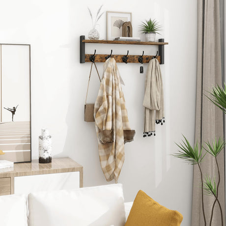 Homode Coat Rack with Shelf Wall Mount, 24 Inch Long Entryway Wall Shelf with Hooks, Wood Hanger with Storage Shelf for Bathroom, Hallway, Rustic Brown Black Homode
