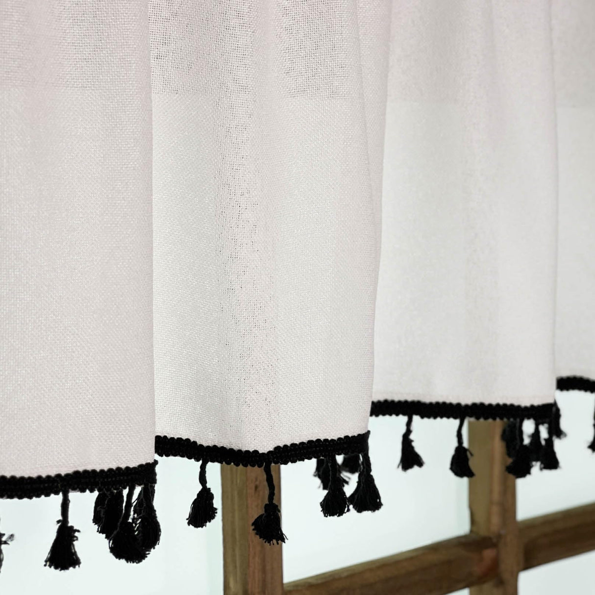 2 Pack Faux Linen White Kitchen Valances with Tassels Modern Farmhouse Valance Curtains Topper Country Rustic Bathroom Small Window Treatment Boho Decor (54x15 inch, Black Tassels) Oindec