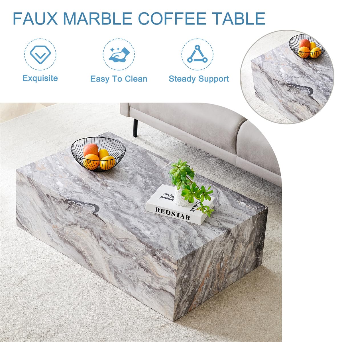 Coffee Table Living Room Table - Modern Faux Marble Design with Wood Accents in Grey BAOPIN