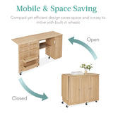 Best Choice Products Large Folding Sewing Table, Multipurpose Portable Craft Station & Side Desk w/Compact Design, Caster Wheels, Storage Shelves, 2 Storage Trays, Magnetic Doors - Light Brown Best Choice Products