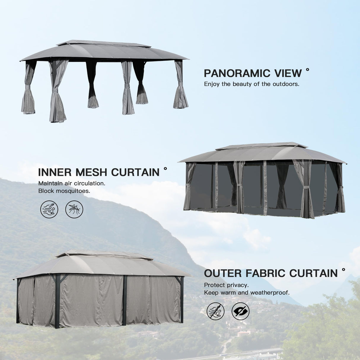 Domi Gazebo 10x20FT, Outdoor Gazebo with Double Roofs, Privacy Curtains, Mosquito Nettings, Heavy Duty Metal Frame Party Tent Canopy for Patio, Backyard, Deck, Lawn, Grey domi outdoor living