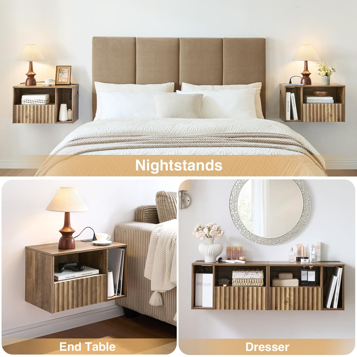 BuildHom Modern Rustic Brown Fluted Floating Nightstand with Charging Station, NightStand with Drawers, Bedside with USB Ports and Outlets, Bedroom Furniture (Right) BuildHom