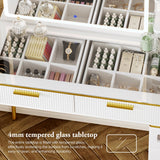 Chrangmay 47.24" Big Modern Vanity Desk with Mirror and Lights,Makeup Vanity Desk with 5 Drawers and Storage Shelves & Power Outlet,Dressing Table with Glass Top, White Chrangmay