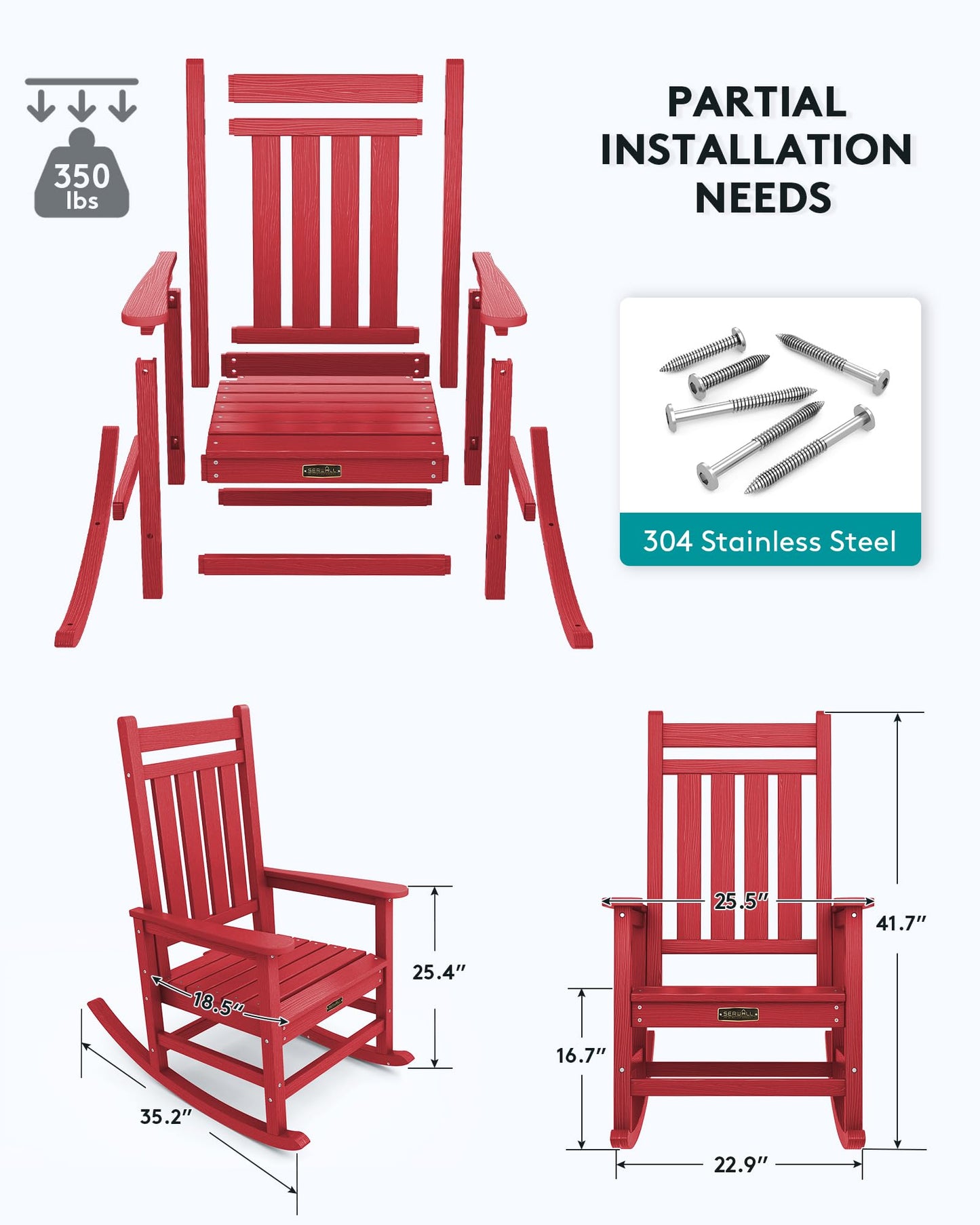 SERWALL Oversized Rocking Chair, Outdoor Rocking Chair Set for Adults, All Weather Resistant Porch Rocker for Lawn Garden, Red - WoodArtSupply