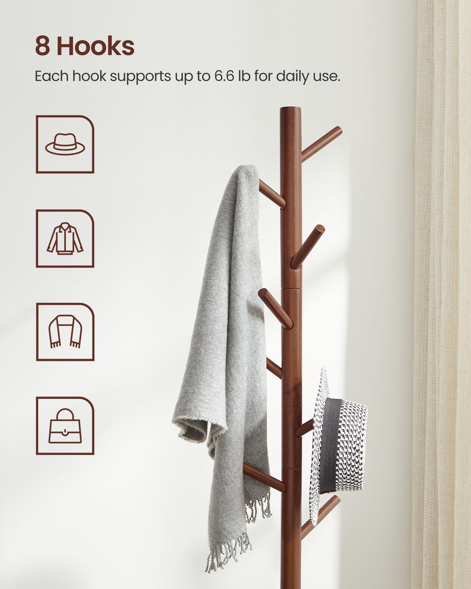 VASAGLE Solid Wood Coat Rack, Free Standing Coat Rack, Tree-Shaped Coat Rack with 8 Hooks, 3 Height Options, for Clothes, Hats, Bags, for Living - WoodArtSupply