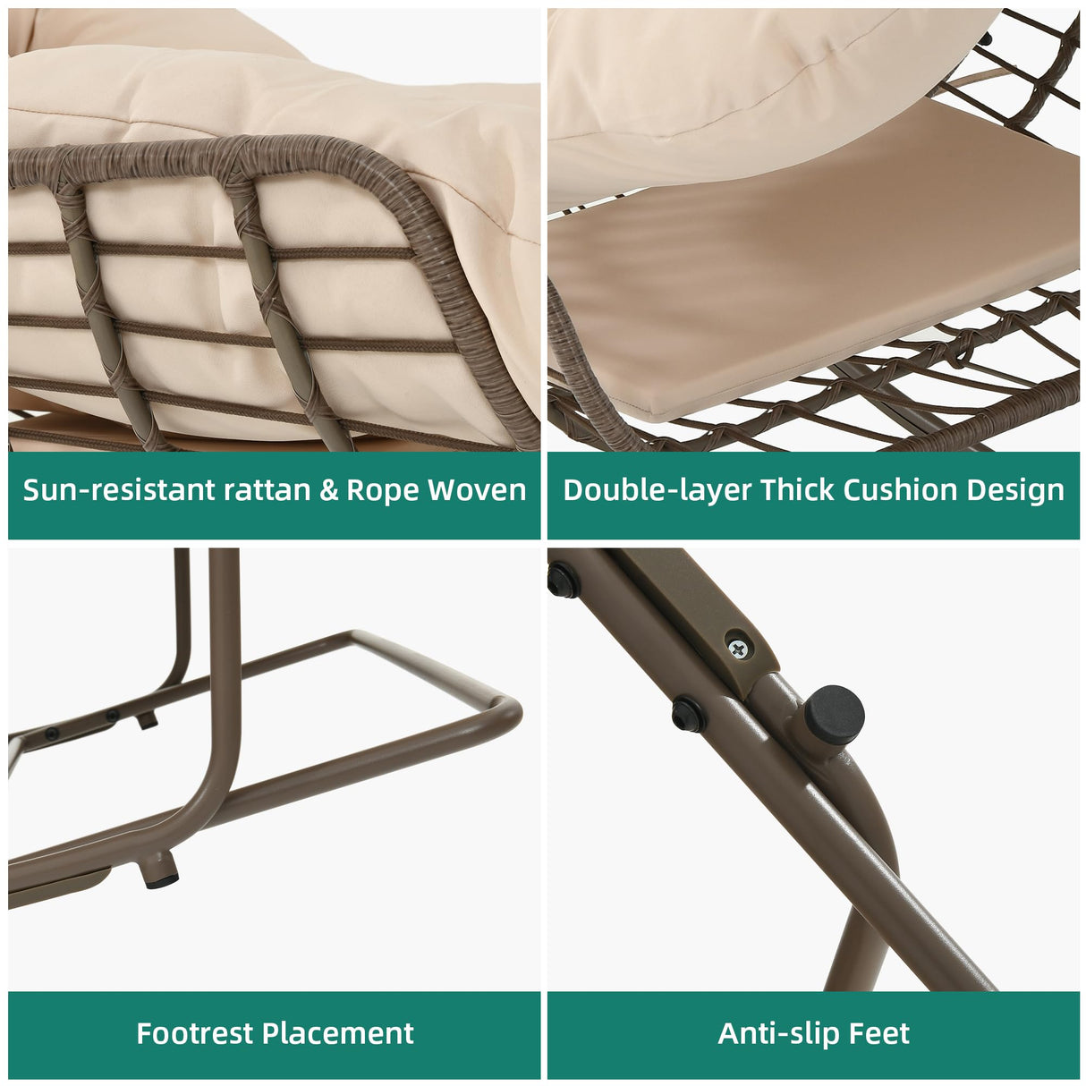 YITAHOME Rocking Papasan Chair, Outdoor Oversized Saucer Chair with Foldable Frame & Comfy Cushion, Wicker Basket Moon Chair for Patio, Porch, Bedroom (Brown+Beige) YITAHOME