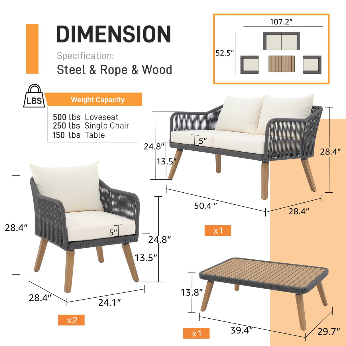 Patiorama 4 Piece Patio Furniture Set, Outdoor FSC Certified Acacia Wood Conversation Set, All-Weather Rope Sofa Set w/Coffee Table, Loveseat, Modern Deep Seating Set for Lawn Balcony Poolside, Cream Patiorama