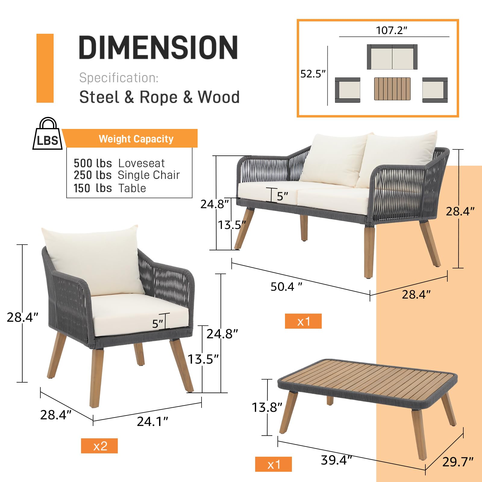 Patiorama 4 Piece Patio Furniture Set, Outdoor FSC Certified Acacia Wood Conversation Set, All-Weather Rope Sofa Set w/Coffee Table, Loveseat, Modern Deep Seating Set for Lawn Balcony Poolsid - WoodArtSupply